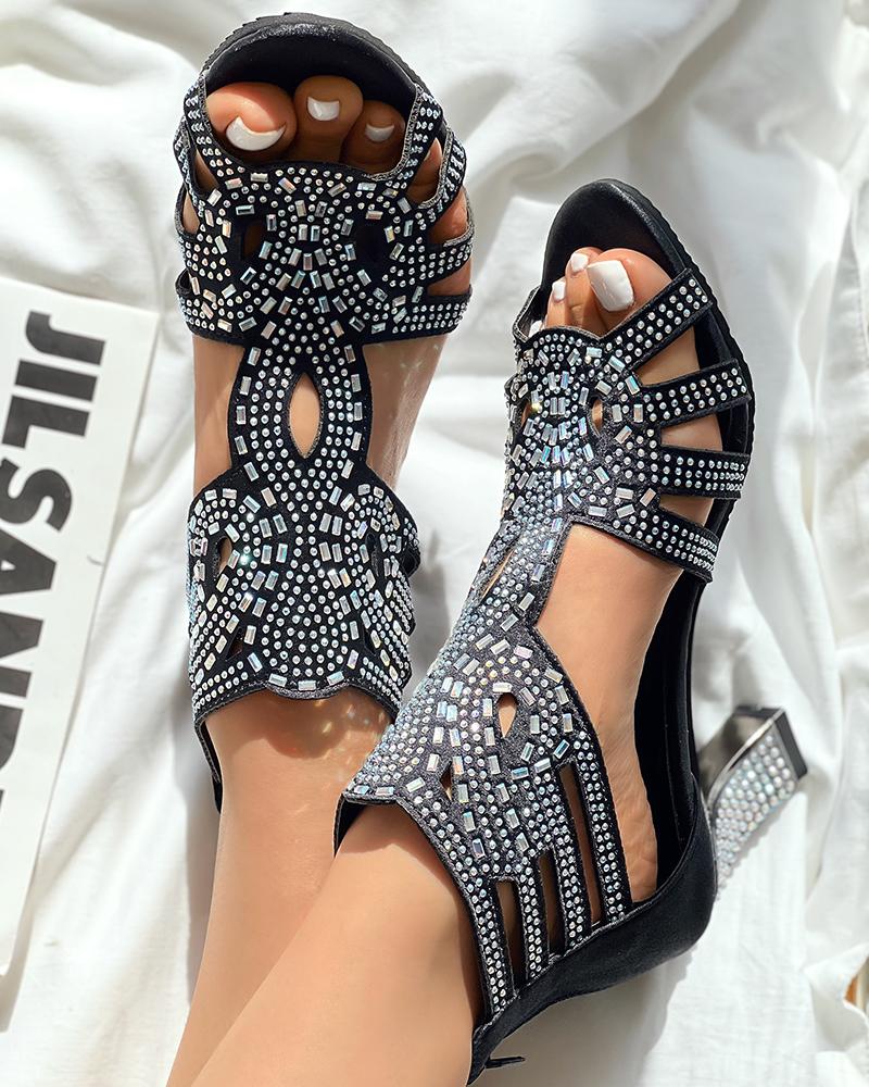 Hollow Out Rhinestone Decor Dance Heels