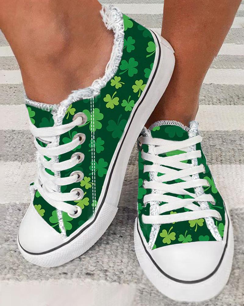 St. Patrick's Day Deep Green Clover Print Fringe Hem Canvas Sneakers