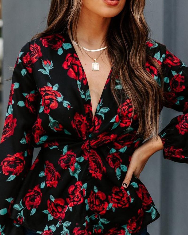 Floral Print V Neck Long Sleeve Top