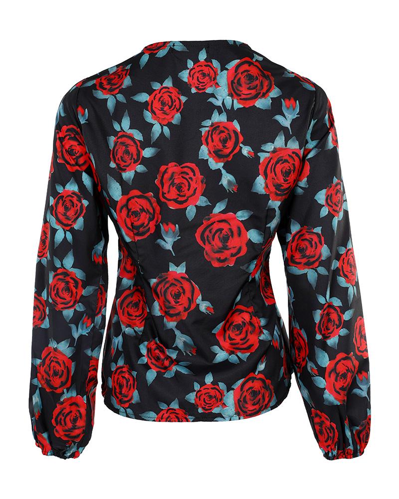 Floral Print V Neck Long Sleeve Top