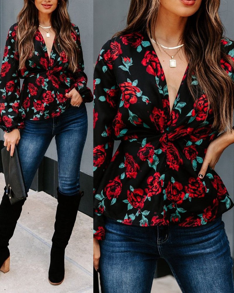 Floral Print V Neck Long Sleeve Top