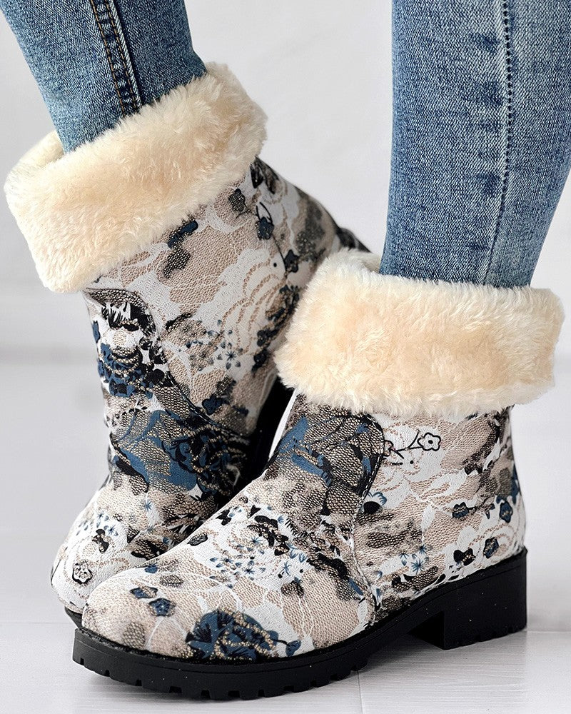 Floral Print Fuzzy Lined Ankle Boots