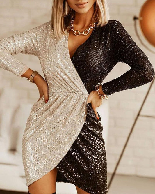 Colorblock Long Sleeve V Neck Sequins Dress