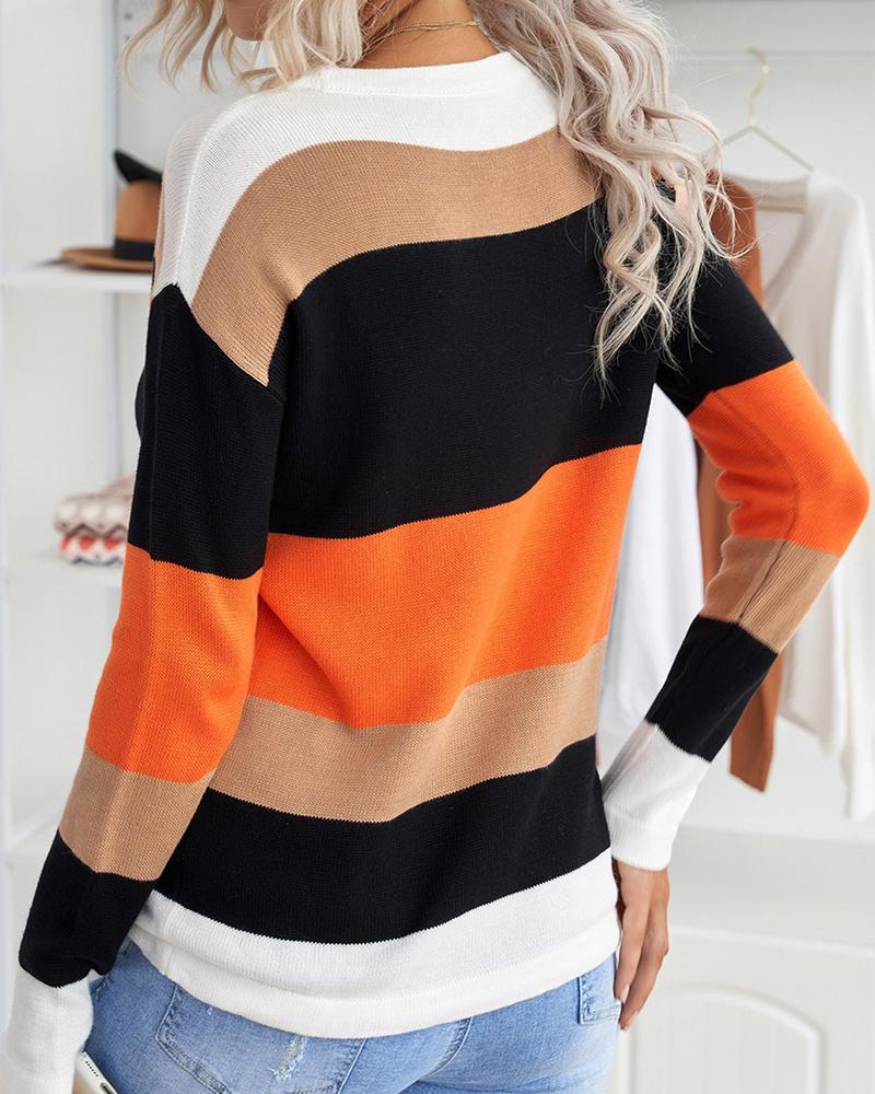 Colorblock Round Neck Knit Sweater