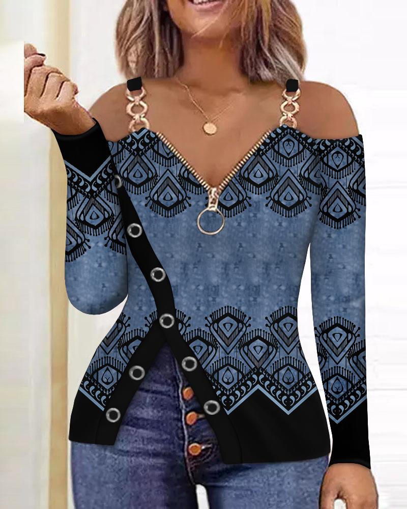 Tribal Print Zip Detail Cold Shoulder Top