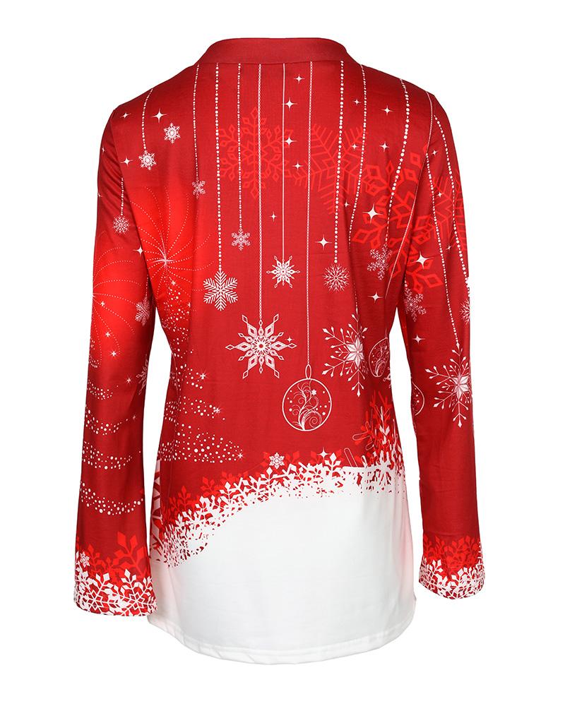 Christmas Snowflake Print V Neck Long Sleeve Top