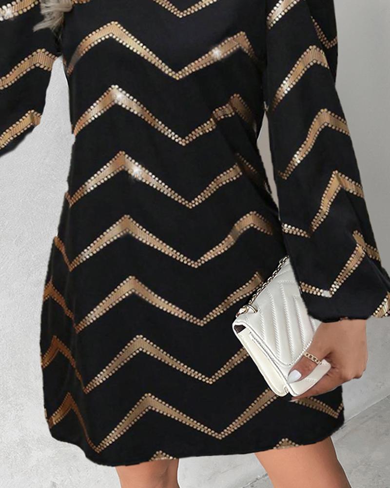 Colorblock Bronzing Chevron Print Casual Dress