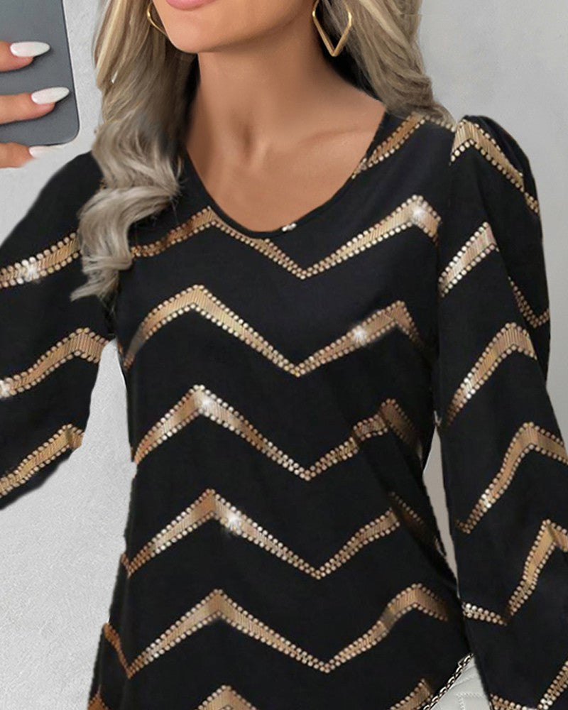 Colorblock Bronzing Chevron Print Casual Dress