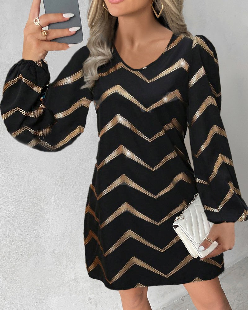 Colorblock Bronzing Chevron Print Casual Dress