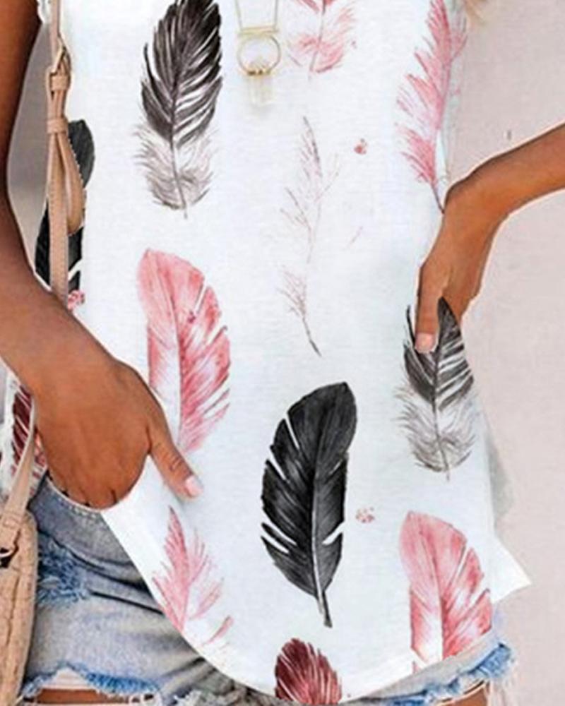 Feather Print Contrast Lace Tank Top