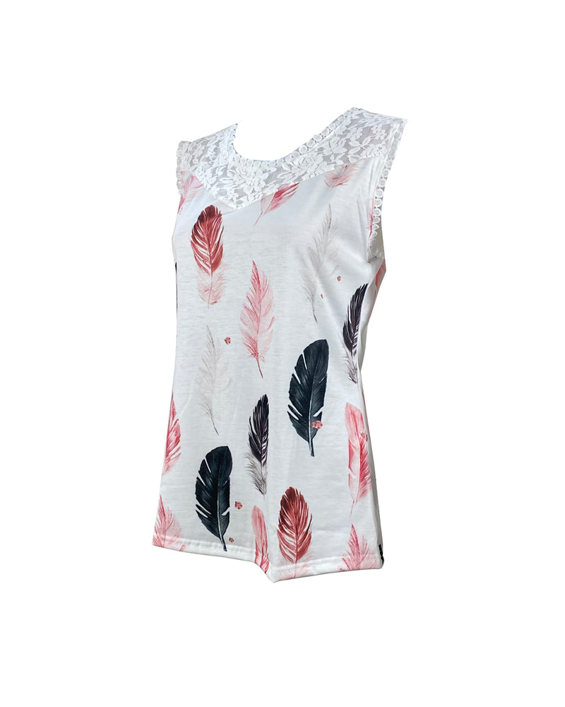 Feather Print Contrast Lace Tank Top