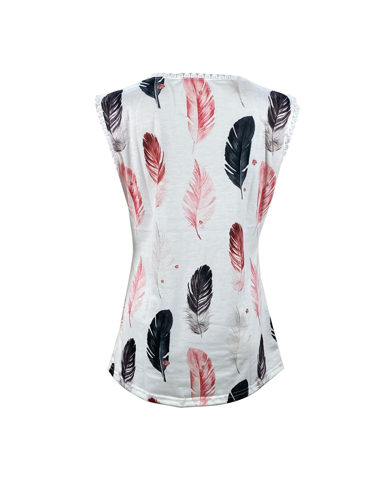 Feather Print Contrast Lace Tank Top