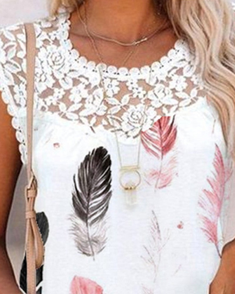 Feather Print Contrast Lace Tank Top