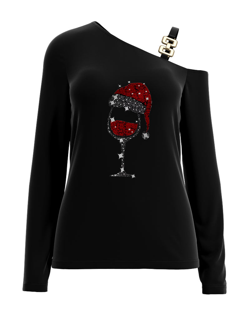 Christmas Wine Glass Print Cold Shoulder Top