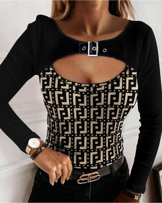 Geo Print Buckle Detail Cutout Front Ribbed Top