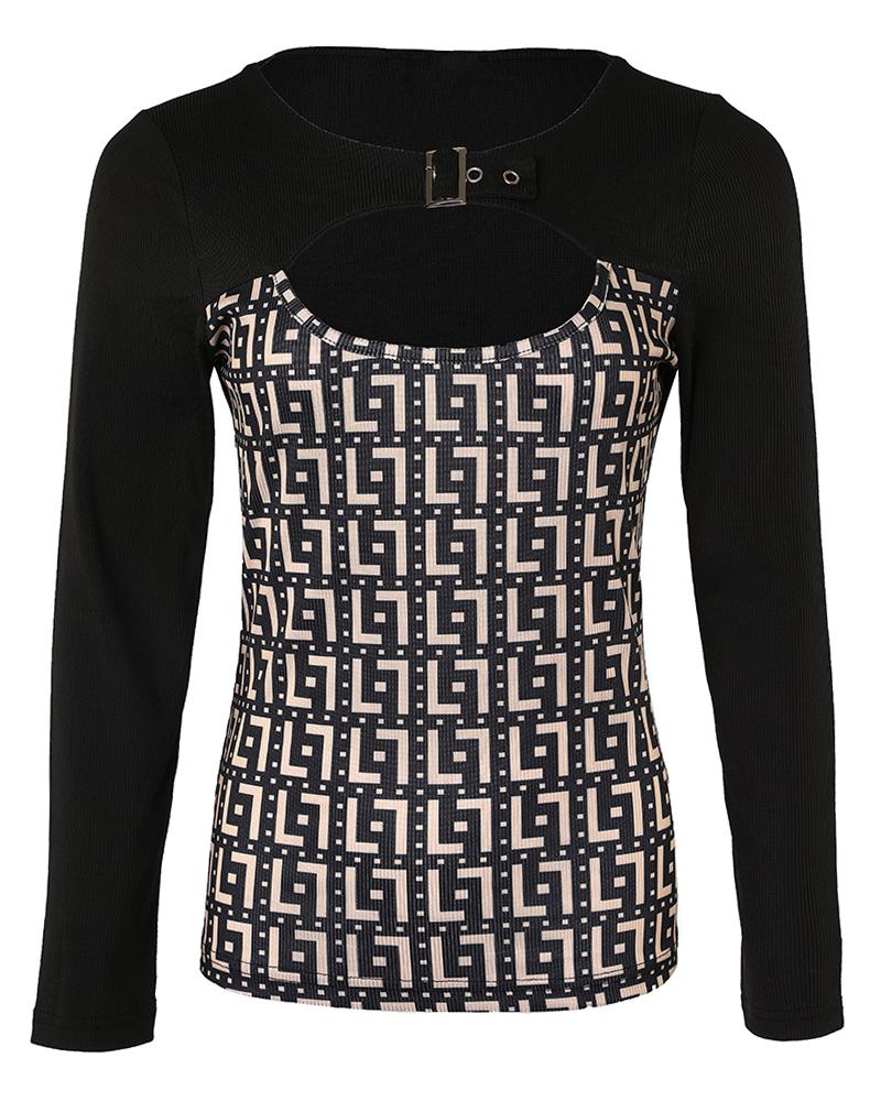 Geo Print Buckle Detail Cutout Front Ribbed Top