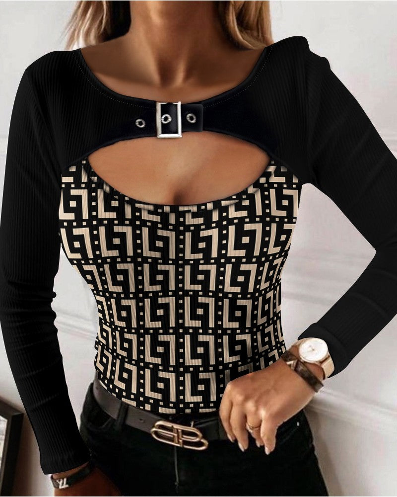 Geo Print Buckle Detail Cutout Front Ribbed Top