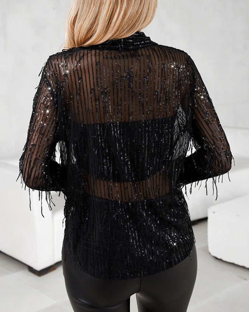 Sequin Tassel Design Long Sleeve Top