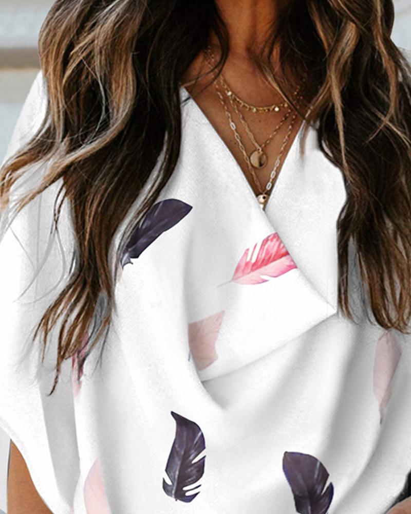 Feather Print Cowl Neck Top