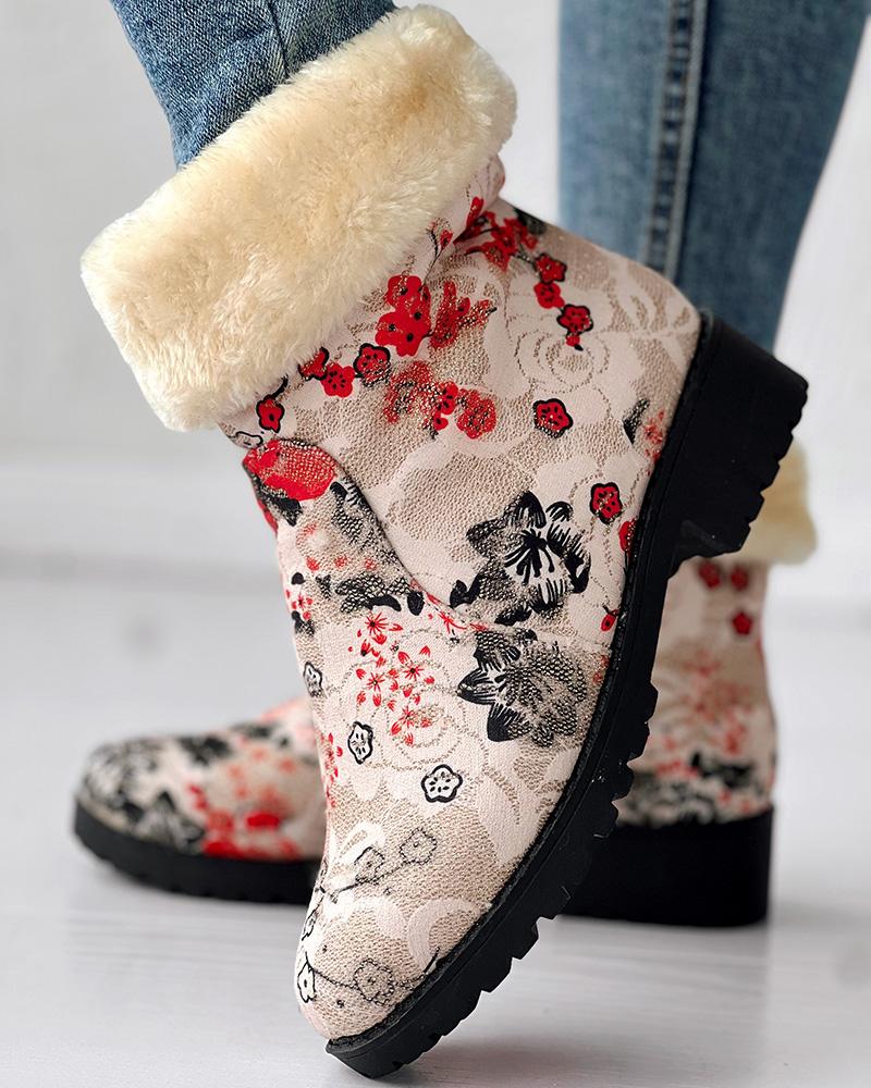 Floral Print Fuzzy Lined Ankle Boots