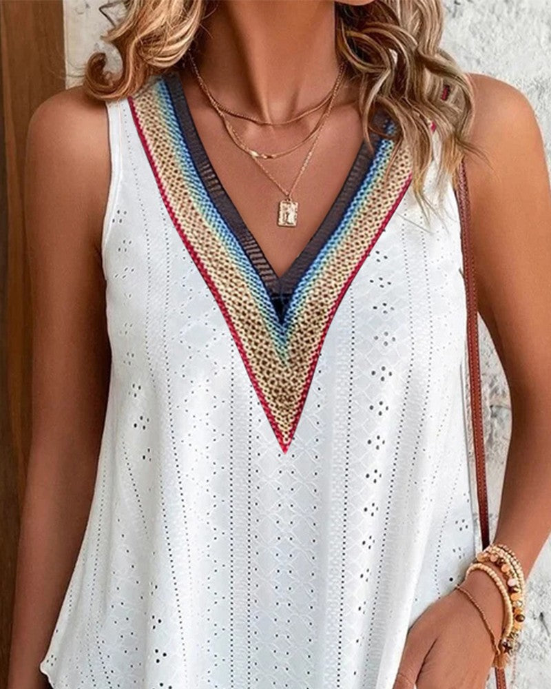 Contrast Lace Eyelet Embroidery Tank Top