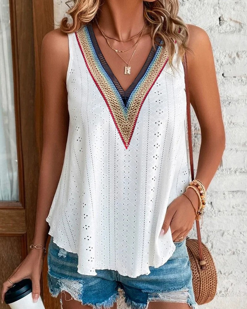 Contrast Lace Eyelet Embroidery Tank Top