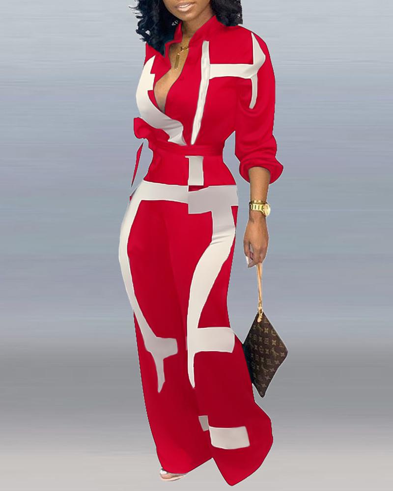 Abstract Print Pocket Decor Long Sleeve Jumpsuit With Belt