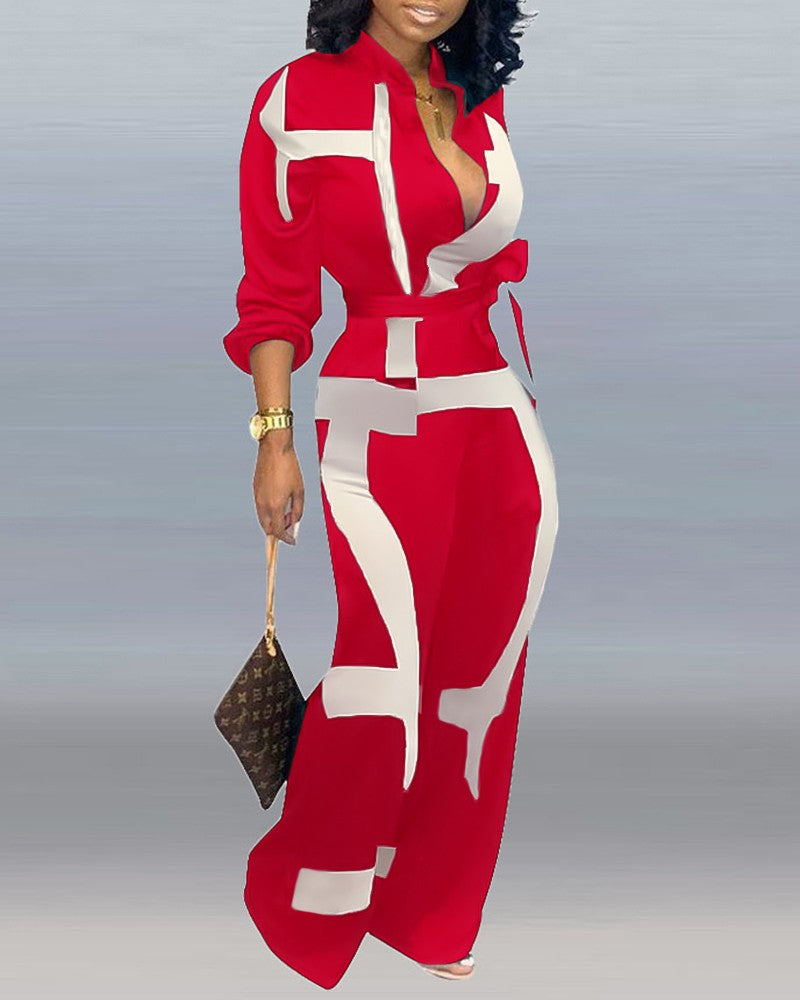 Abstract Print Pocket Decor Long Sleeve Jumpsuit With Belt