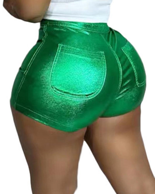 High Waist Pocket Design PU Leather Shorts