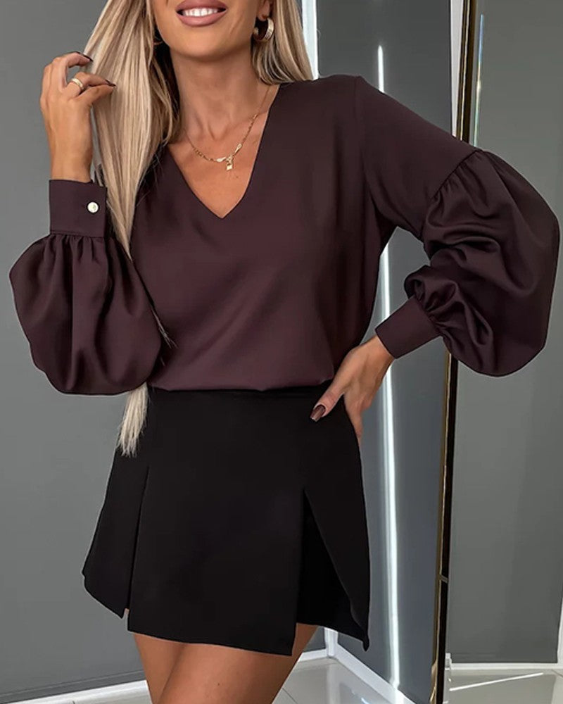 V Neck Lantern Sleeve Ruched Top