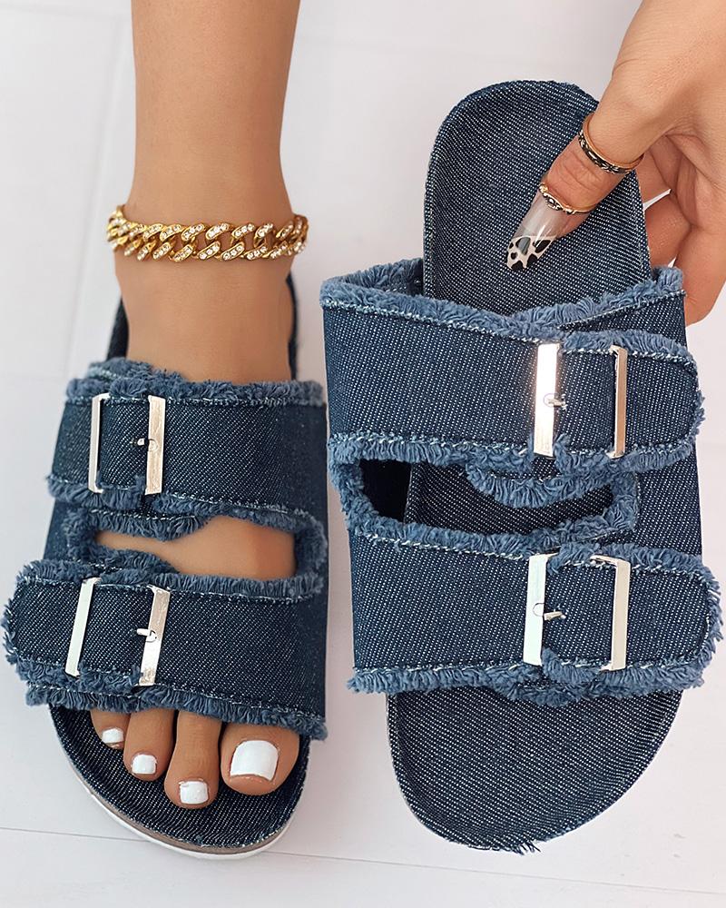 Buckled Fringe Hem Double Strap Denim Slippers