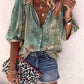 Floral Tribal Print Buttoned Lantern Sleeve Top