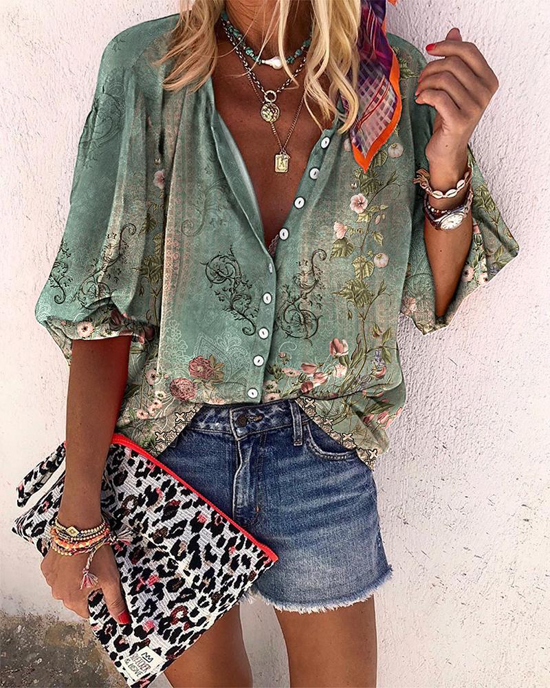 Floral Tribal Print Buttoned Lantern Sleeve Top