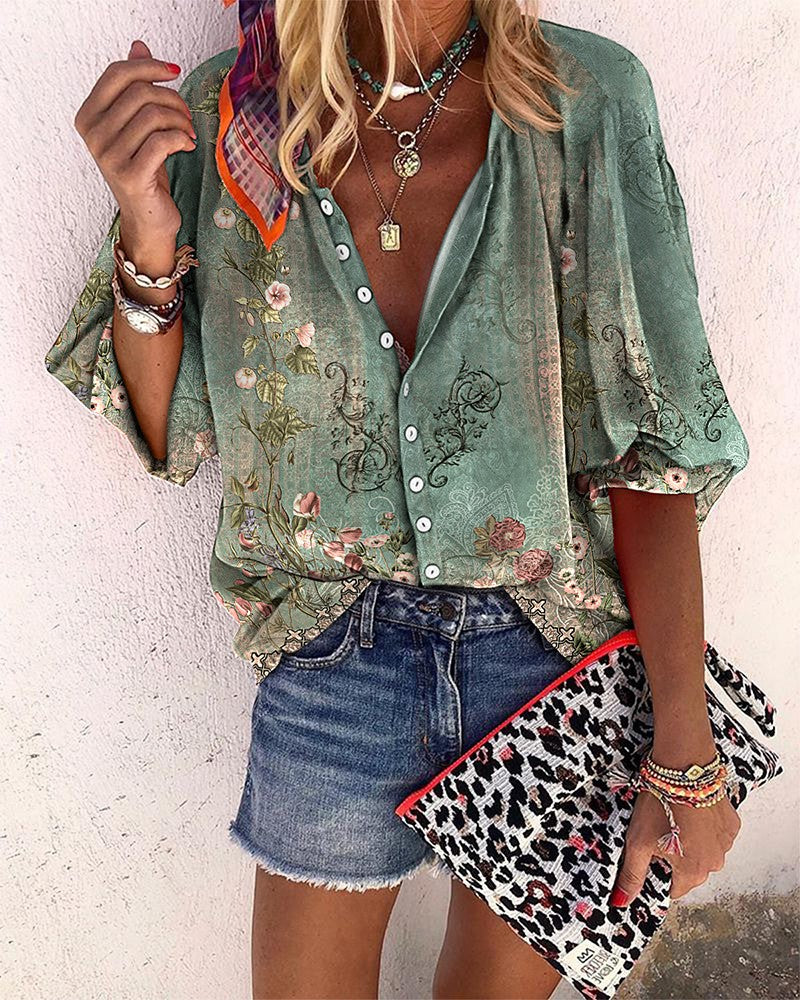 Floral Tribal Print Buttoned Lantern Sleeve Top