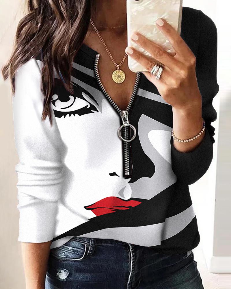 Abstract Figure Print Zip Front Long Sleeve Top