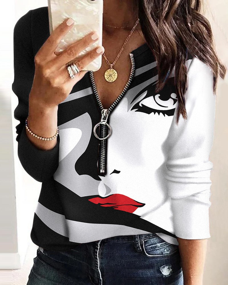 Abstract Figure Print Zip Front Long Sleeve Top