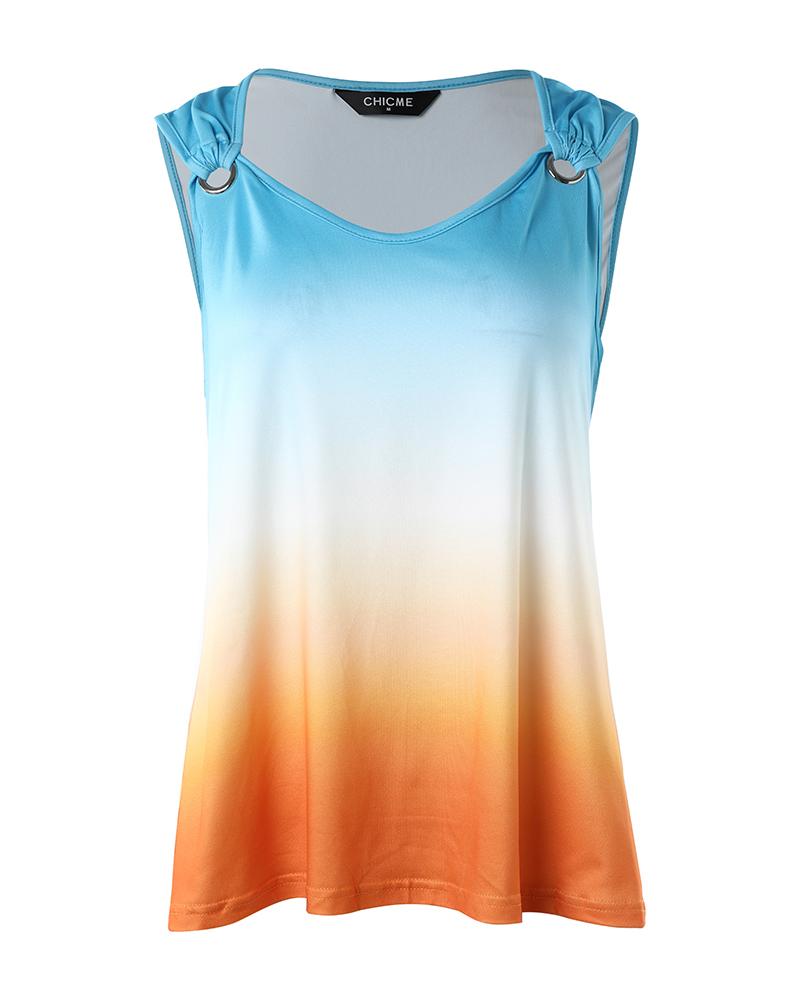 Ombre Eyelet V Neck Casual Tank Top