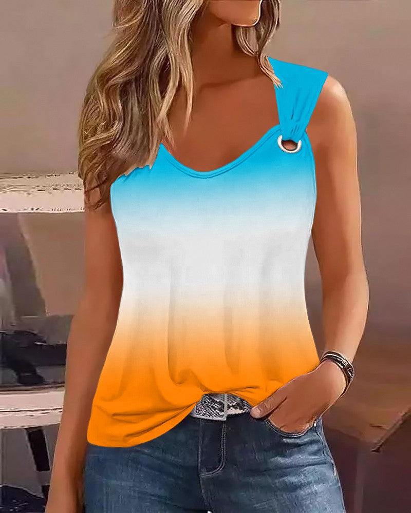 Ombre Eyelet V Neck Casual Tank Top