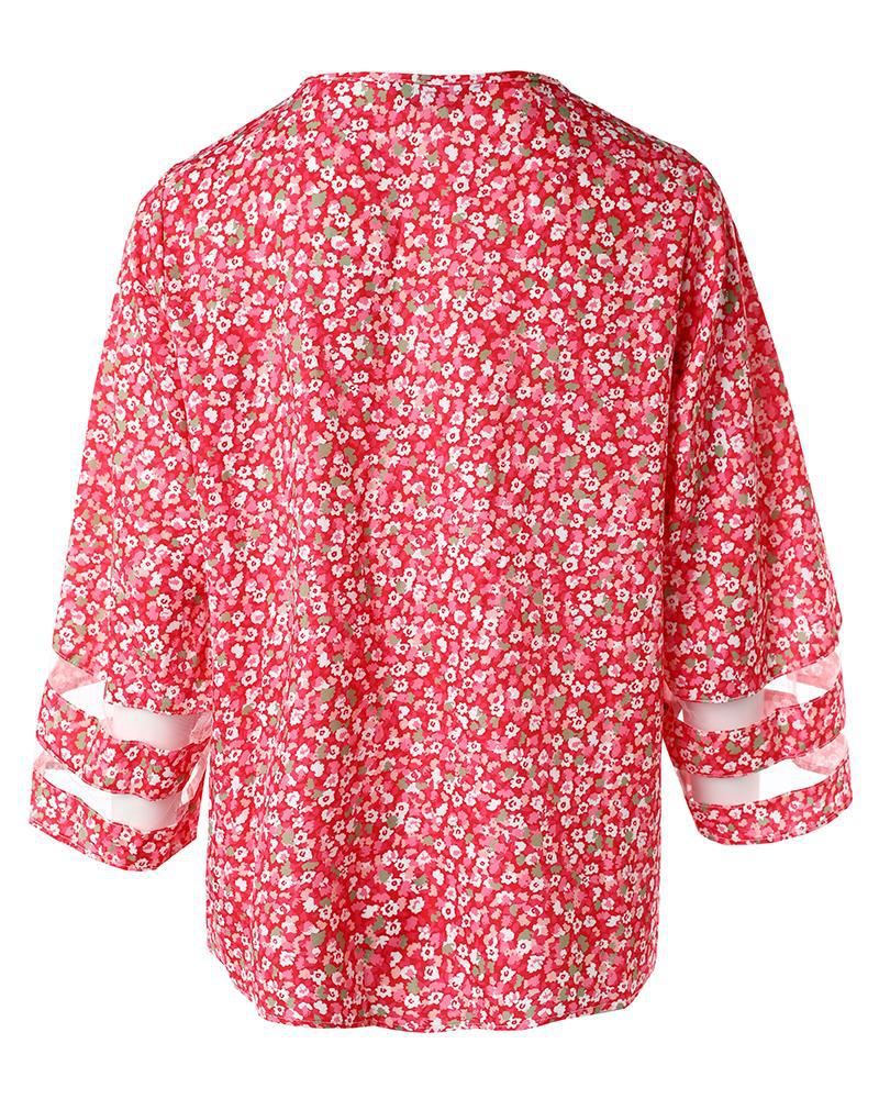 Pink Ditsy Floral Print Contrast Mesh Zip Front Top