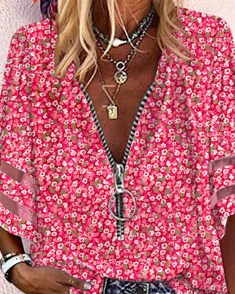 Pink Ditsy Floral Print Contrast Mesh Zip Front Top