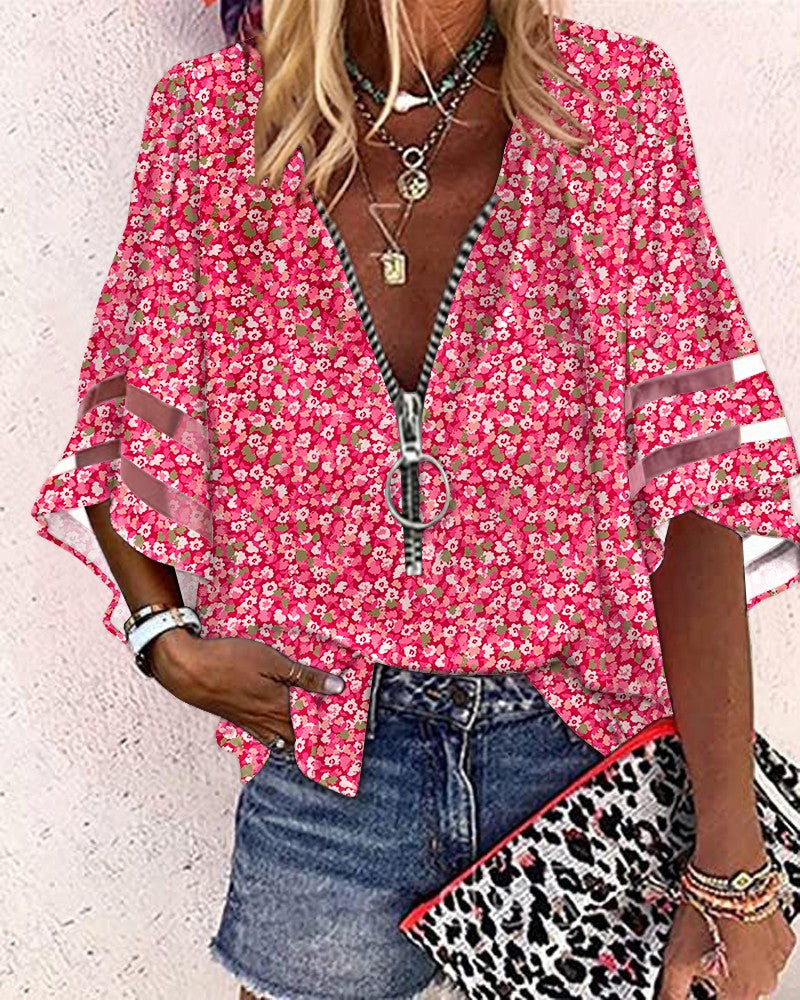 Pink Ditsy Floral Print Contrast Mesh Zip Front Top