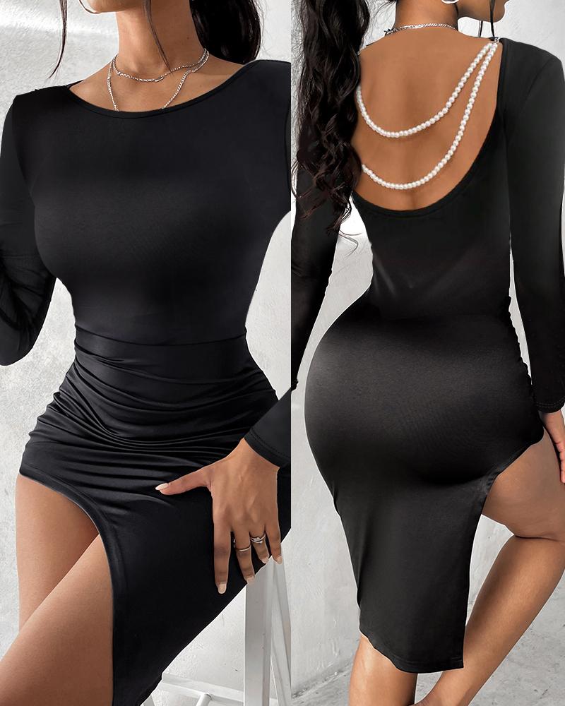 Pearls Strap Backless Asymmetrical Bodycon Dress