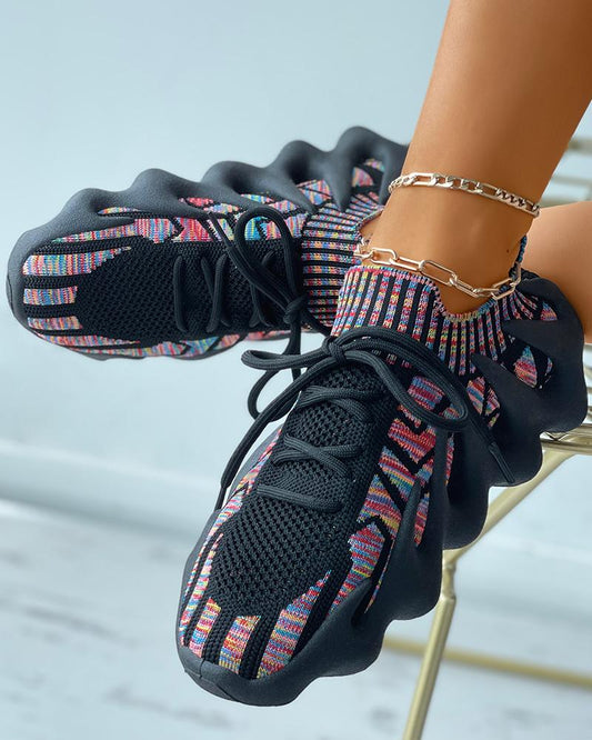 Colorblock Lace up Knit Breathable Sneakers