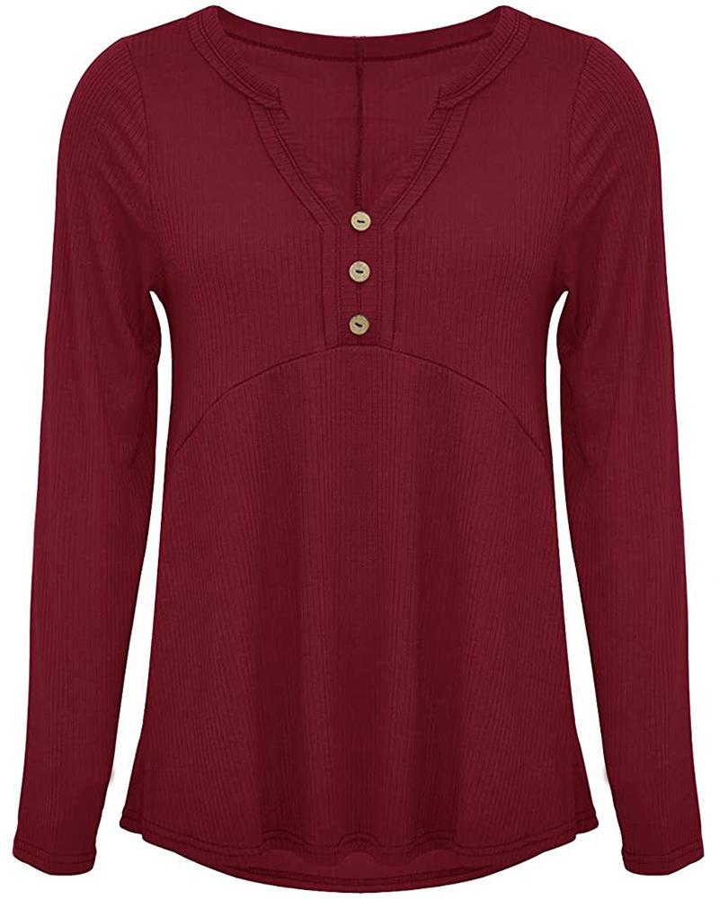 Long Sleeve Notch Neck Button Design Top