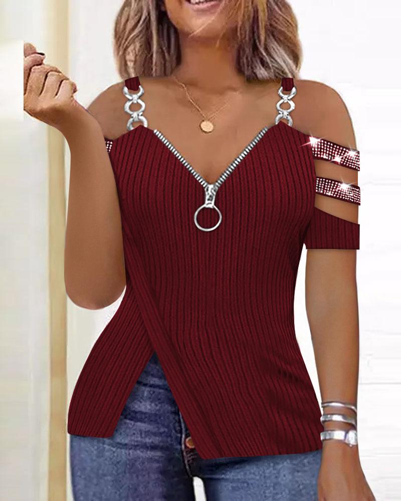 Rhinestone Decor Zip Detail Split Hem Cold Shoulder Top