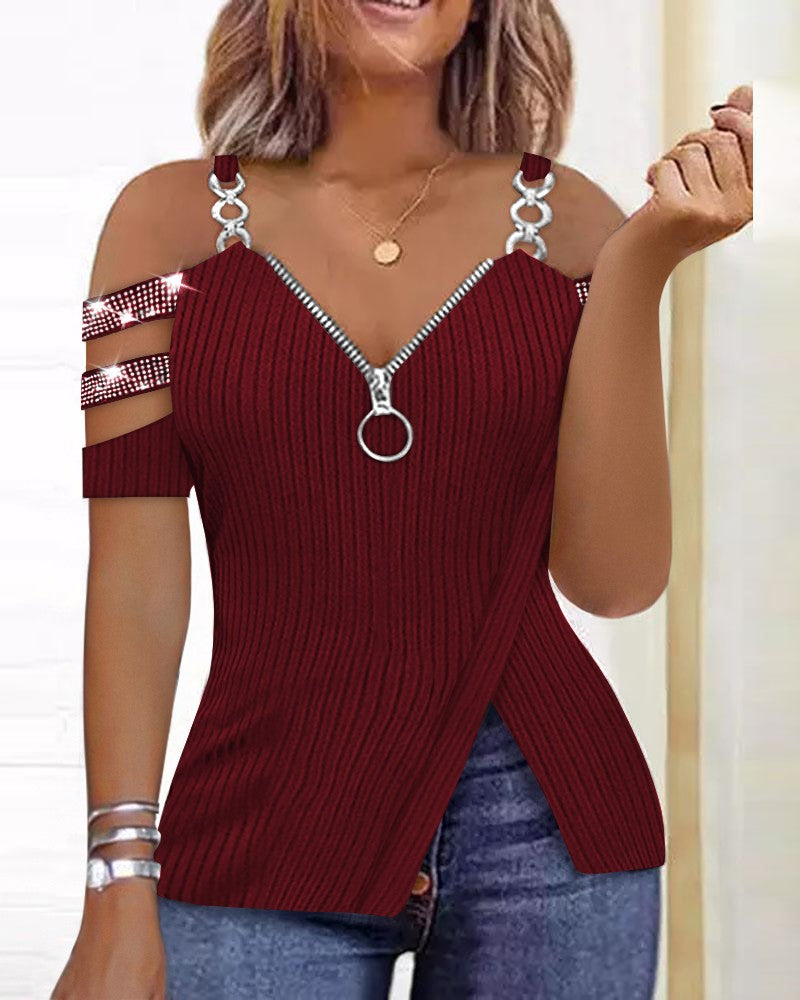 Rhinestone Decor Zip Detail Split Hem Cold Shoulder Top