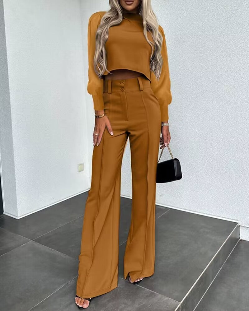 Puff Sleeve Crop Top & Buttoned Work Pants Set