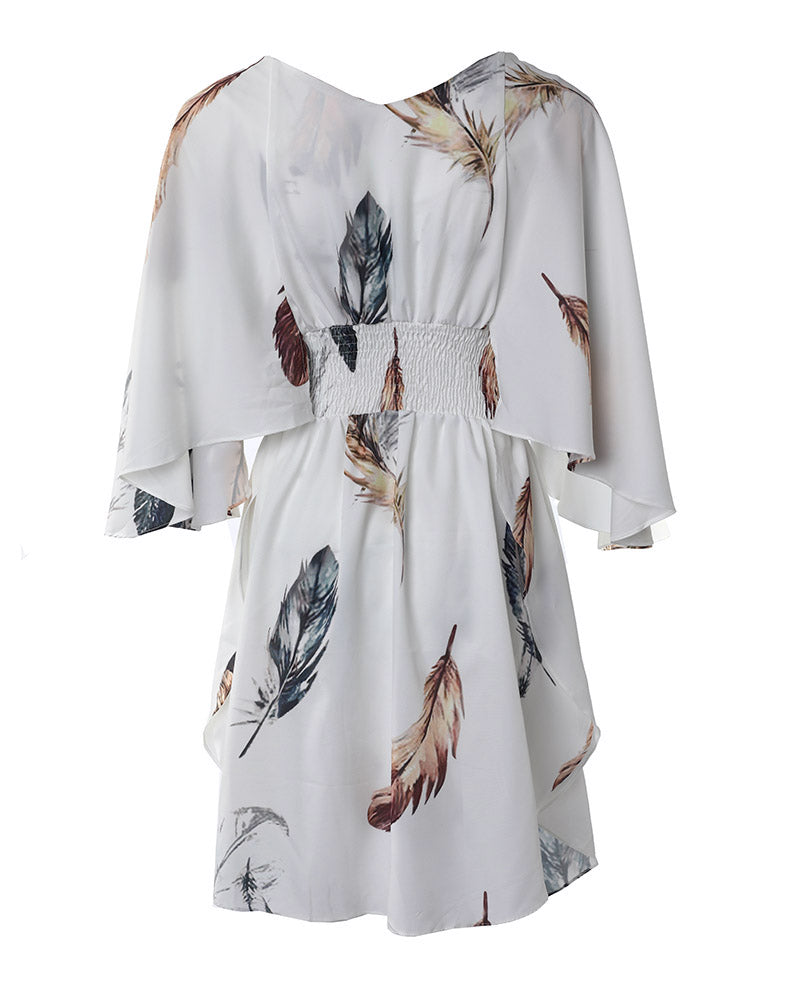 Feather Print Batwing Sleeve Asymmetrical Dress