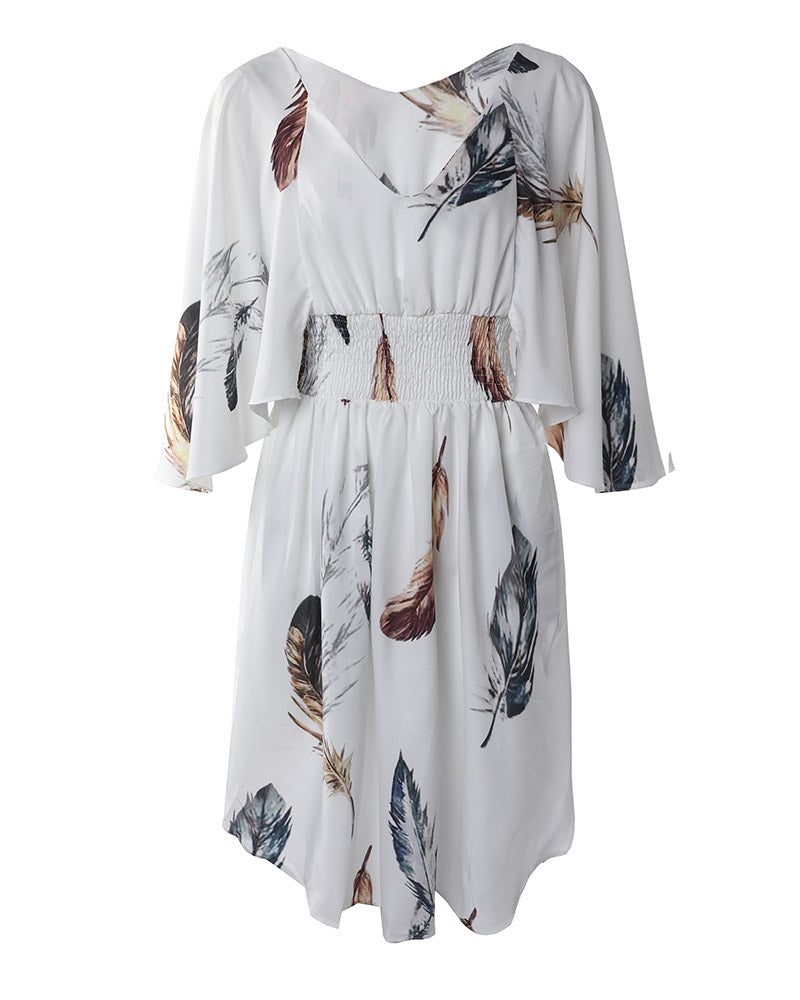 Feather Print Batwing Sleeve Asymmetrical Dress