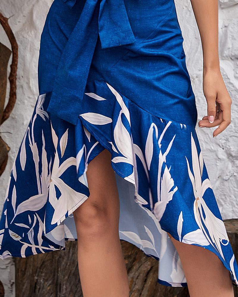 Plants Print Ruffle Hem Belted Midi Dress